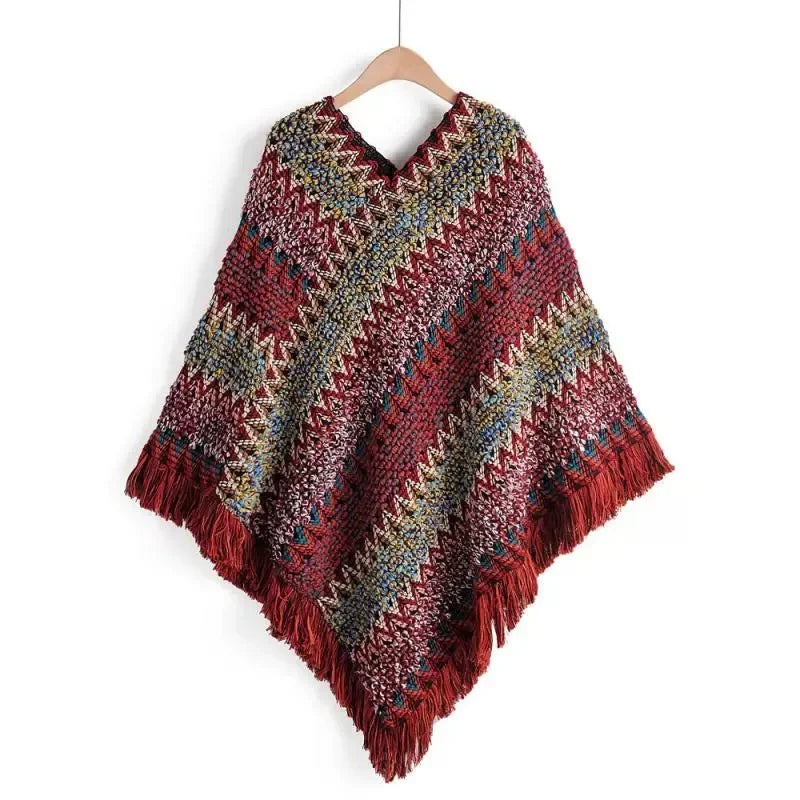 Women's Colorful Knit Poncho Cape Tassel Ethnic Shawl Cardigan Knit Poncho Cape PLUSH
