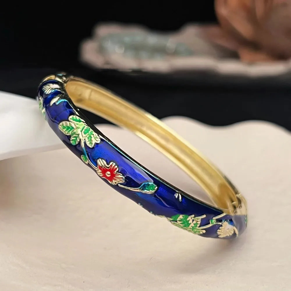 Chinese Cloisonne Enamel Peony Filigree Double Bangle Bracelet Enamel Bangle Bracelet PLUSH Dark Blue