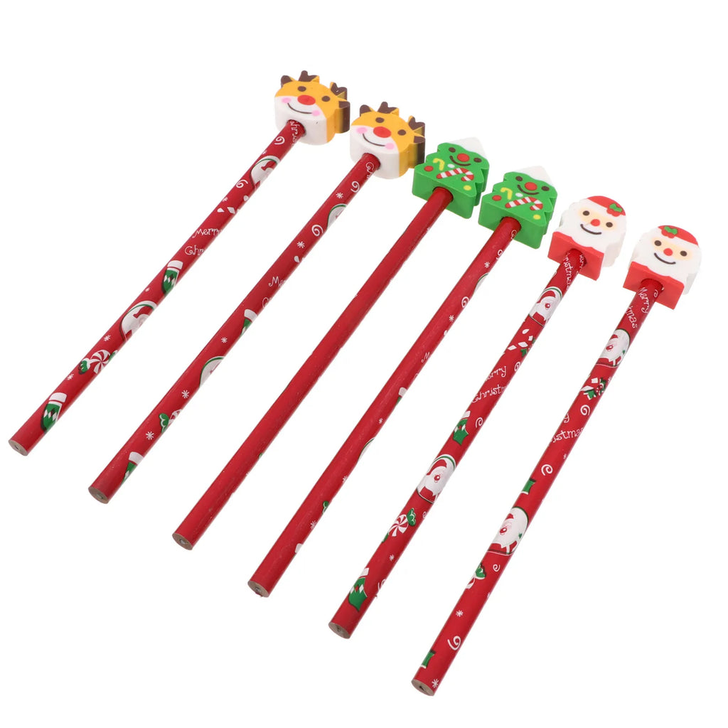 6pcs Christmas Cartoon Wooden Pencils with Eraser – Kids Gift Novelty Pencil Set PLUSH