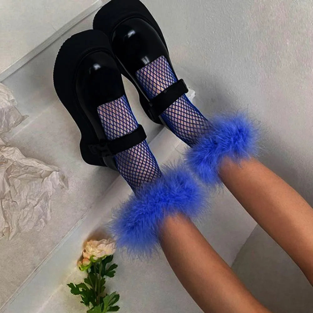 Y2K Feather Fishnet Stockings – Furry Ruffle Mid Tube Socks Fishnet Costume Socks PLUSH Blue 35-39