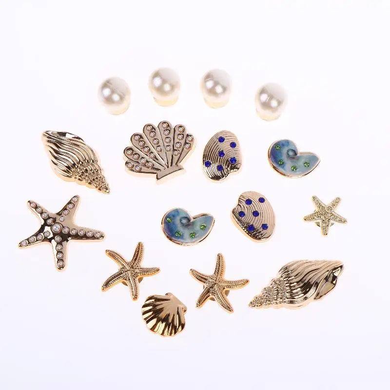 16pcs Starfish & Shell Shoe Charms – Bling Clip Decorations Shoe Charms Set PLUSH