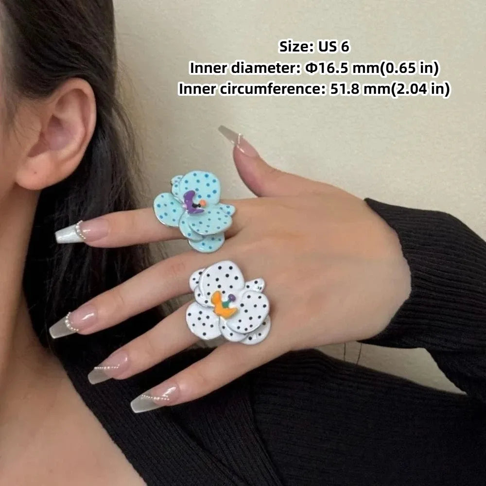 Hand-Enameled Flower Stacking Ring | Orchid Polka Dot Bat Design Enamel Fashion Ring PLUSH