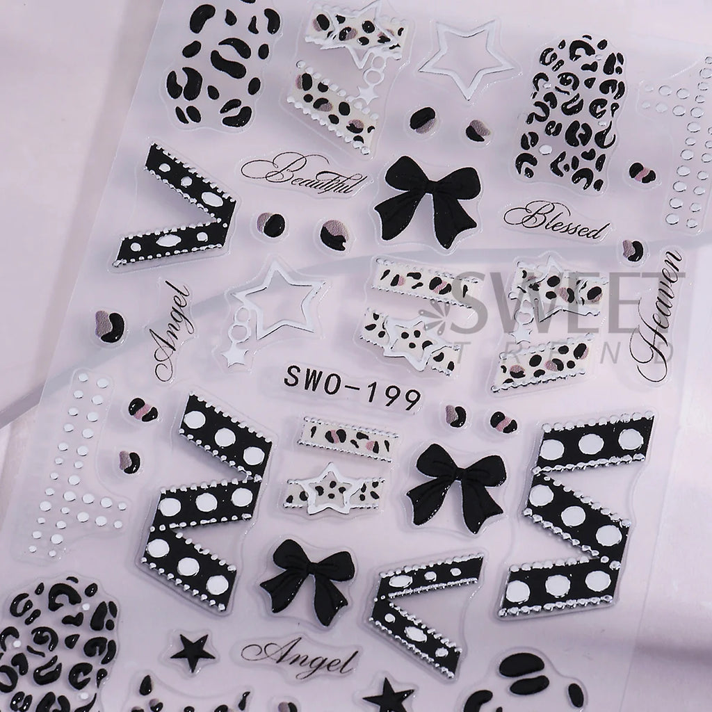 Y2K 3D Matte Nail Decals – Star Leopard Bow Belt Stickers 2pcs Nail Art Decals PLUSH