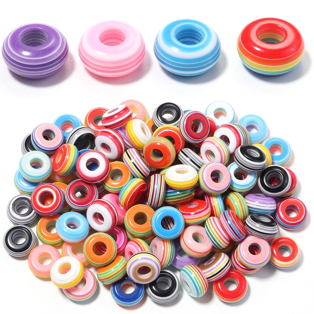 50pcs Rainbow Stripe Resin Flat Big Hole Spacer Beads – DIY Resin Spacer Beads PLUSH