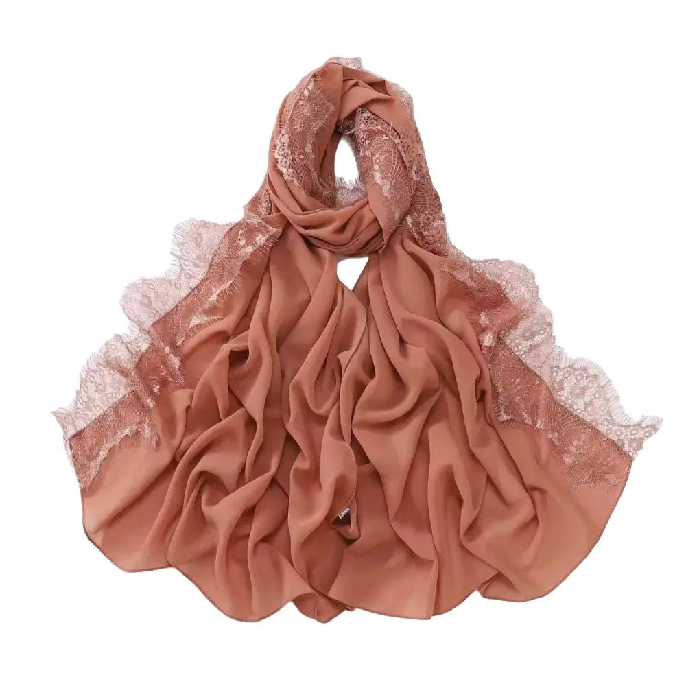 Women's Chiffon Hijab Scarf – Soft Lace Trim Long Shawl Wrap Hijab Head Scarf PLUSH Dark Pink