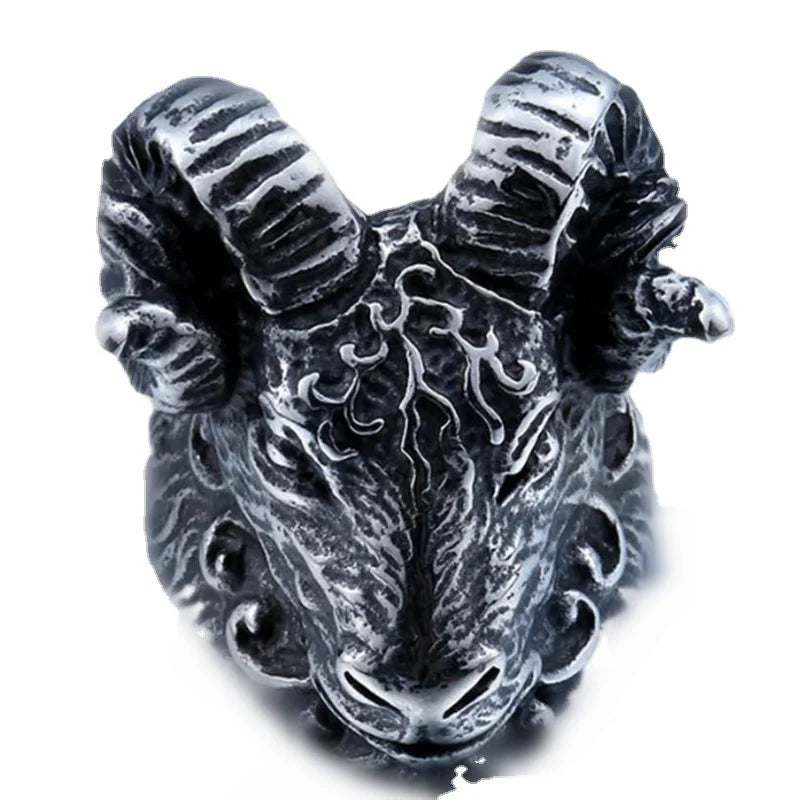 Vintage Aries Goat Head Punk Metal Ring for Men | Silver Men's Fashion Ring PLUSH