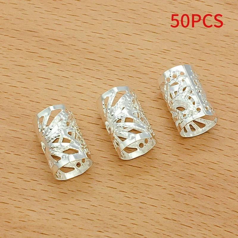 50/100pcs Metal Hair Braid Rings – Dreadlock Cuff Clips Hair Braid Rings PLUSH 50pcs Silver