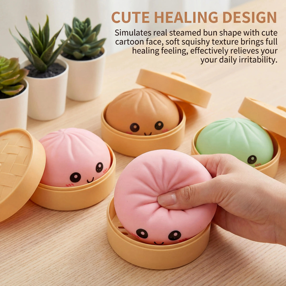 Kawaii Dumpling Squeeze Toy with Steamer – Squishy Dough Ball Squishy Fidget Toy PLUSH