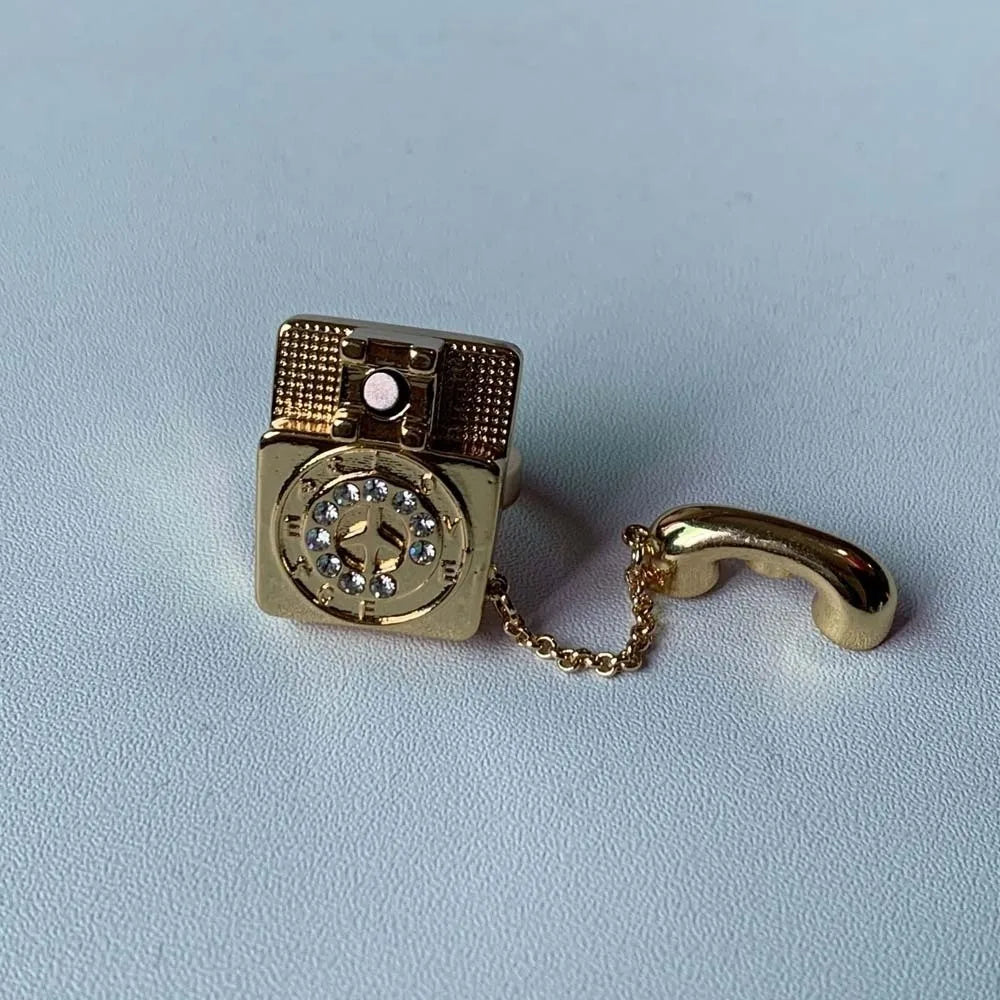 Vintage Enamel Telephone Ring | Magnetic Open Split Alloy Ring Enamel Fashion Ring PLUSH Golden