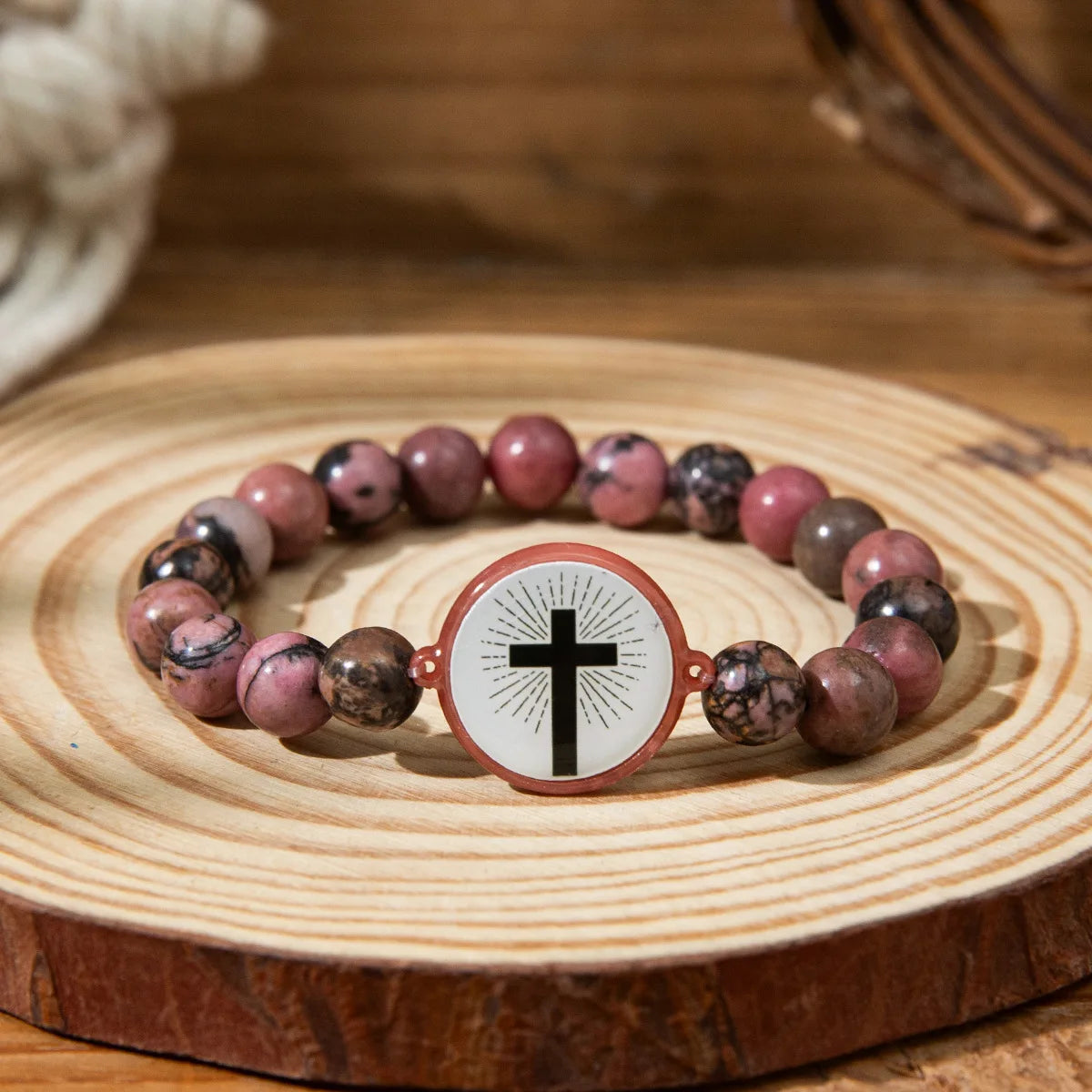 NFC Bible Verse Natural Stone Cross Bracelet – Unisex Christian Beaded Cross Bracelet PLUSH red length 18cm