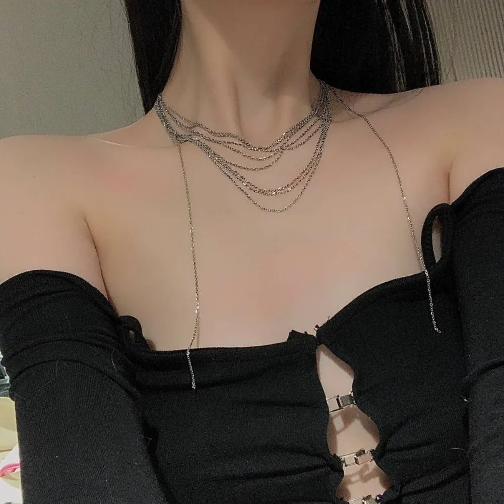 Sparkling Multilayer Titanium Steel Fringe Sweater Chain Necklace Multilayer Necklace PLUSH