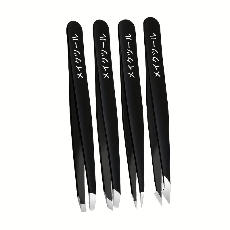 Ouriner 4/6Pcs Stainless Steel Eyebrow Tweezer Set – Colorful Eyebrow Tweezer Set PLUSH Black 4 pcs set