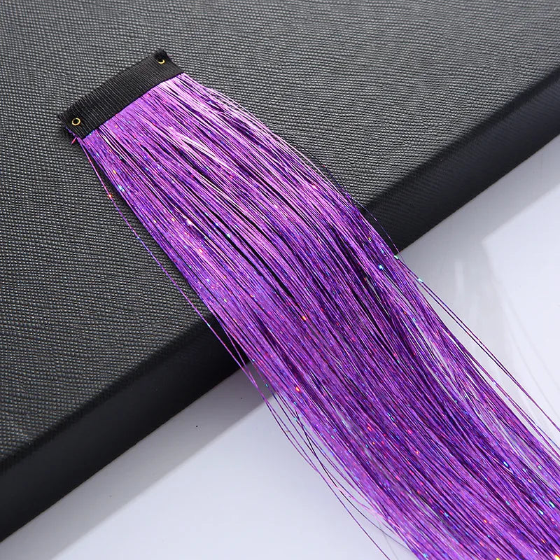 120 Strands Rainbow Hair Tinsel Sparkle Silk Extensions 100cm Hair Tinsel Extensions PLUSH with clip NO.36