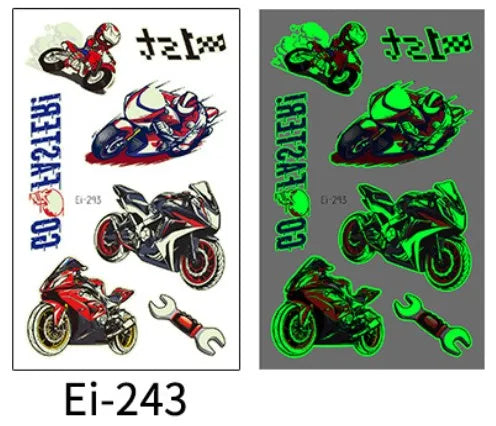 Glow in the Dark Motorcycle Tattoo Stickers for Kids – Waterproof Temporary Tattoo Stickers PLUSH 243