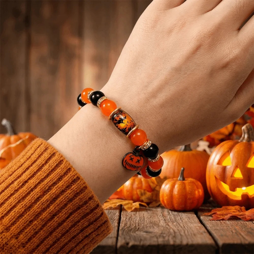 Halloween Crystal Beaded Bracelet – Ghost & Pumpkin Pendant Beaded Bracelet PLUSH