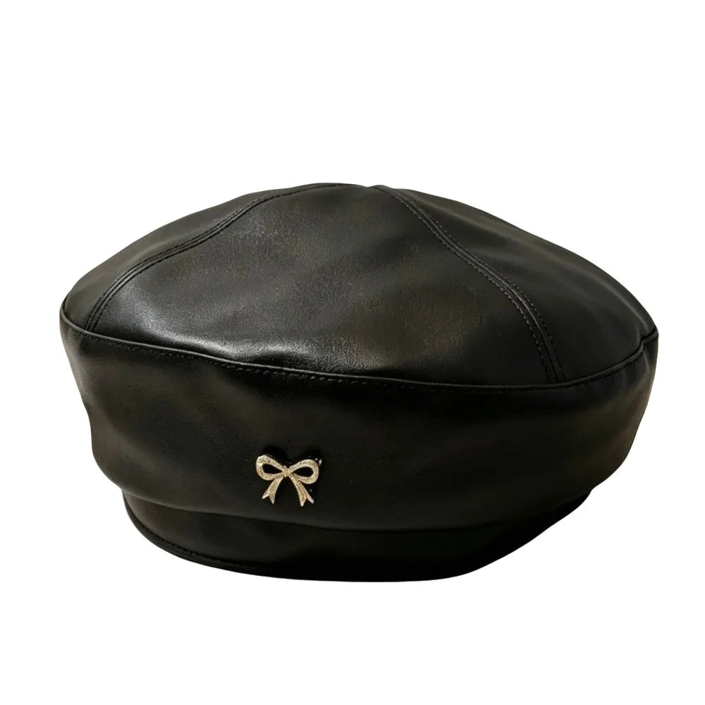 Women's PU Leather Bow Beret | British Newsboy Cap All Seasons Women's Beret Hat PLUSH Black