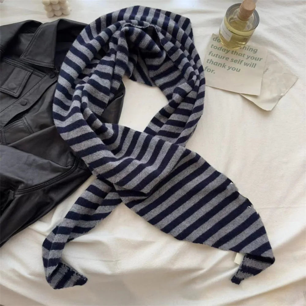 Women's Knitted Triangle Shawl Scarf – Windproof Warm Wrap Knitted Shawl Scarf PLUSH Navy Blue Stripes