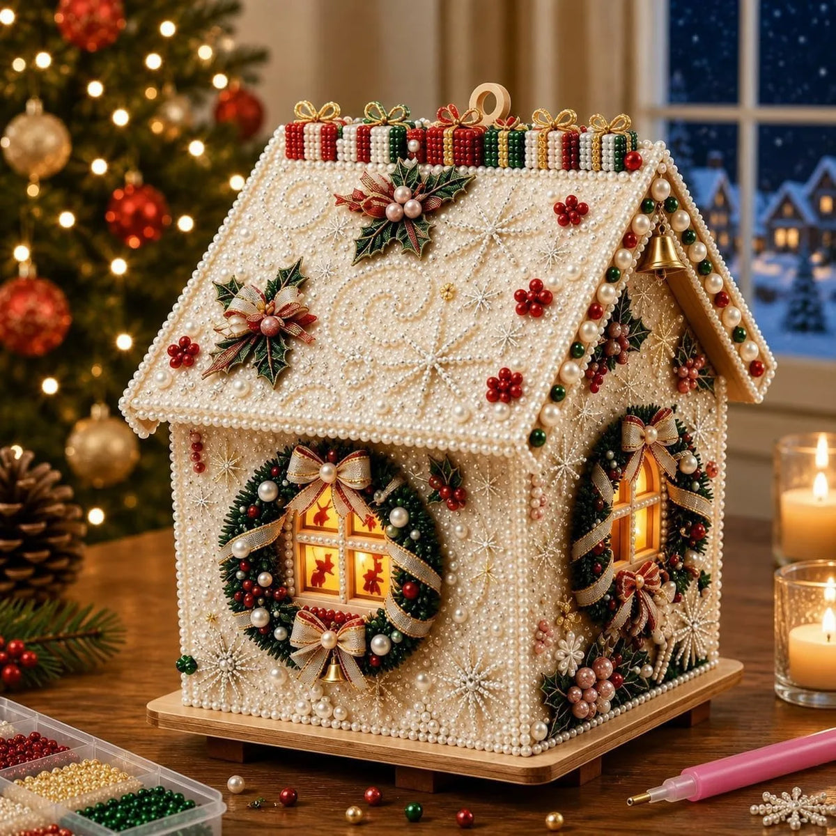 Wooden Christmas House Diamond Painting Set – 4-Sided Holiday Diamond Painting Kit PLUSH Christmas 11