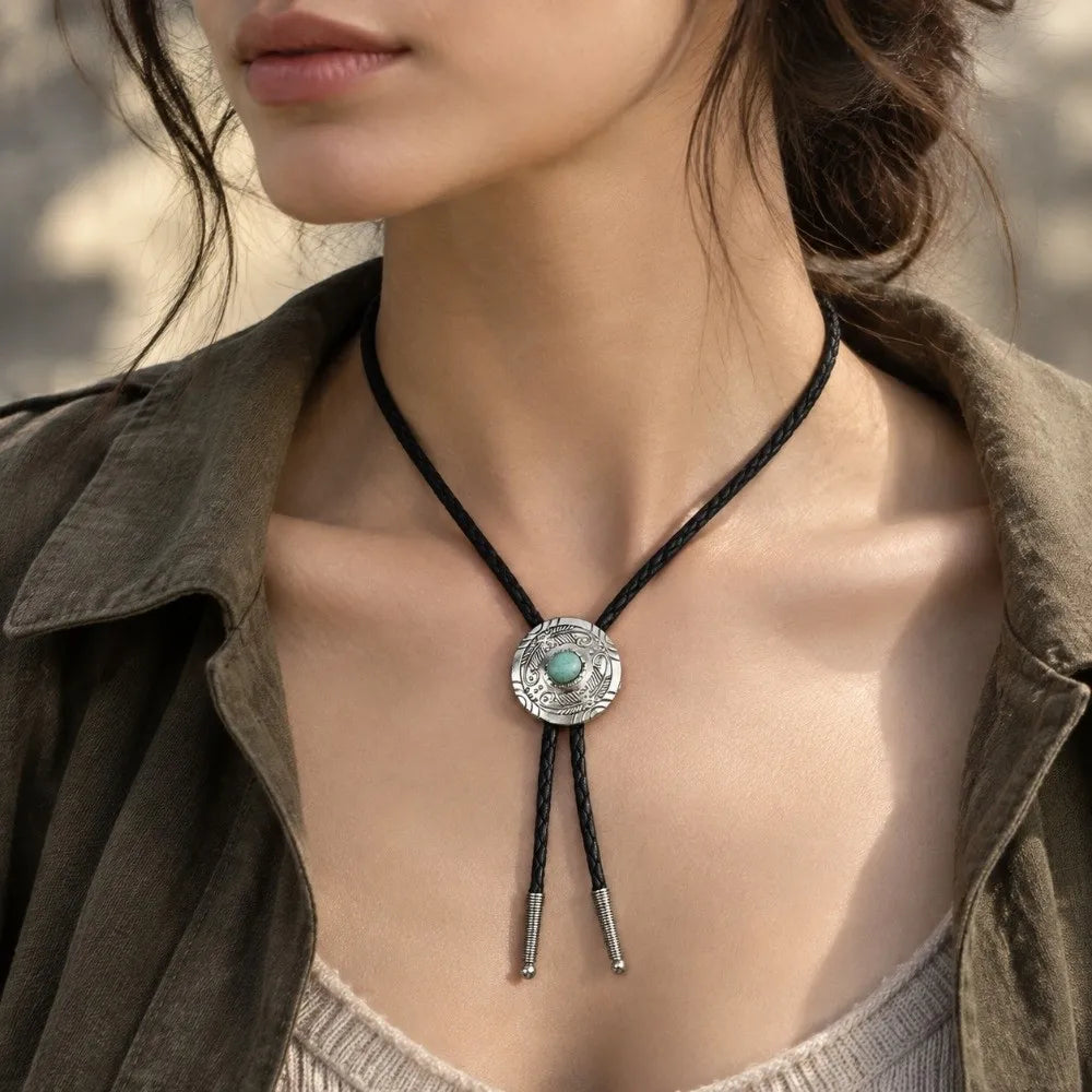 Braided Bolo Tie Necklace – Oval Stone Western Cowboy Style Bolo Tie Necklace PLUSH