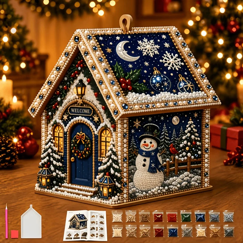 Wooden Christmas House Diamond Painting Set – 4-Sided Holiday Diamond Painting Kit PLUSH