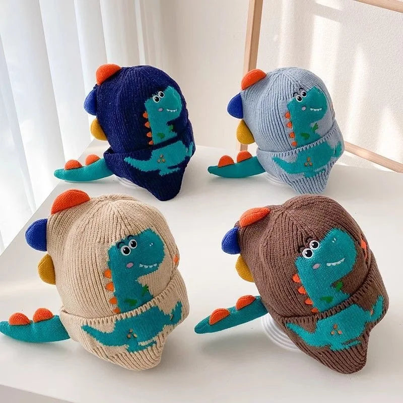 Kids Knitted Dino Beanie with Ear Flaps | Windproof Winter Hat Kids Winter Beanie PLUSH