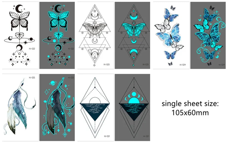 Luminous Butterfly Temporary Tattoo Stickers – Glow Body Art Temporary Tattoo Stickers PLUSH Hi-21-25 5pcs set