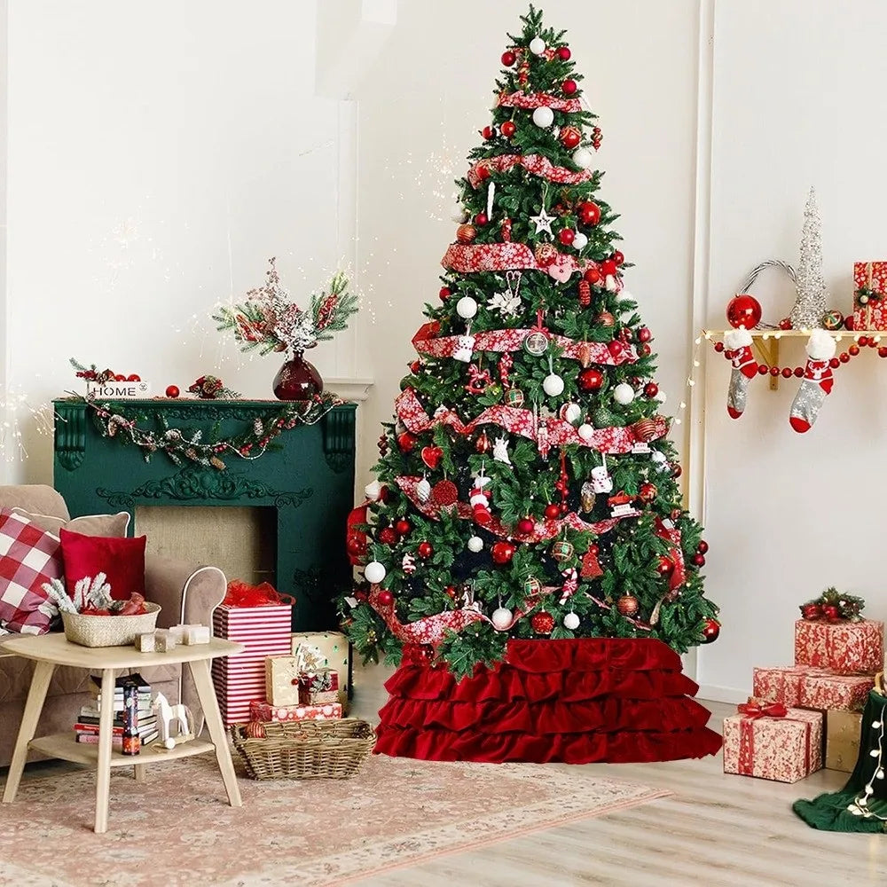 Round Velvet Christmas Tree Skirt – Vintage Pleated Xmas Collar Christmas Tree Skirt PLUSH