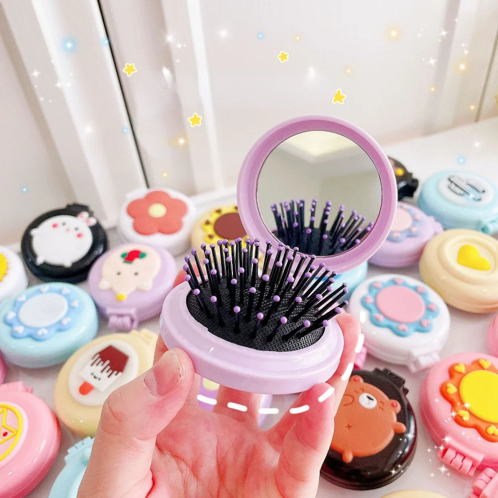 Strawberry Folding Hair Comb with Mirror – Portable Travel Brush Folding Hair Comb PLUSH