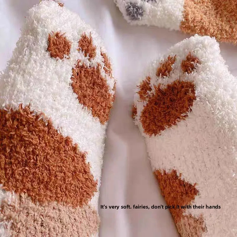 Women's Plush Coral Fleece Cat Paw Socks – 10pc Winter Set Plush Fleece Socks PLUSH