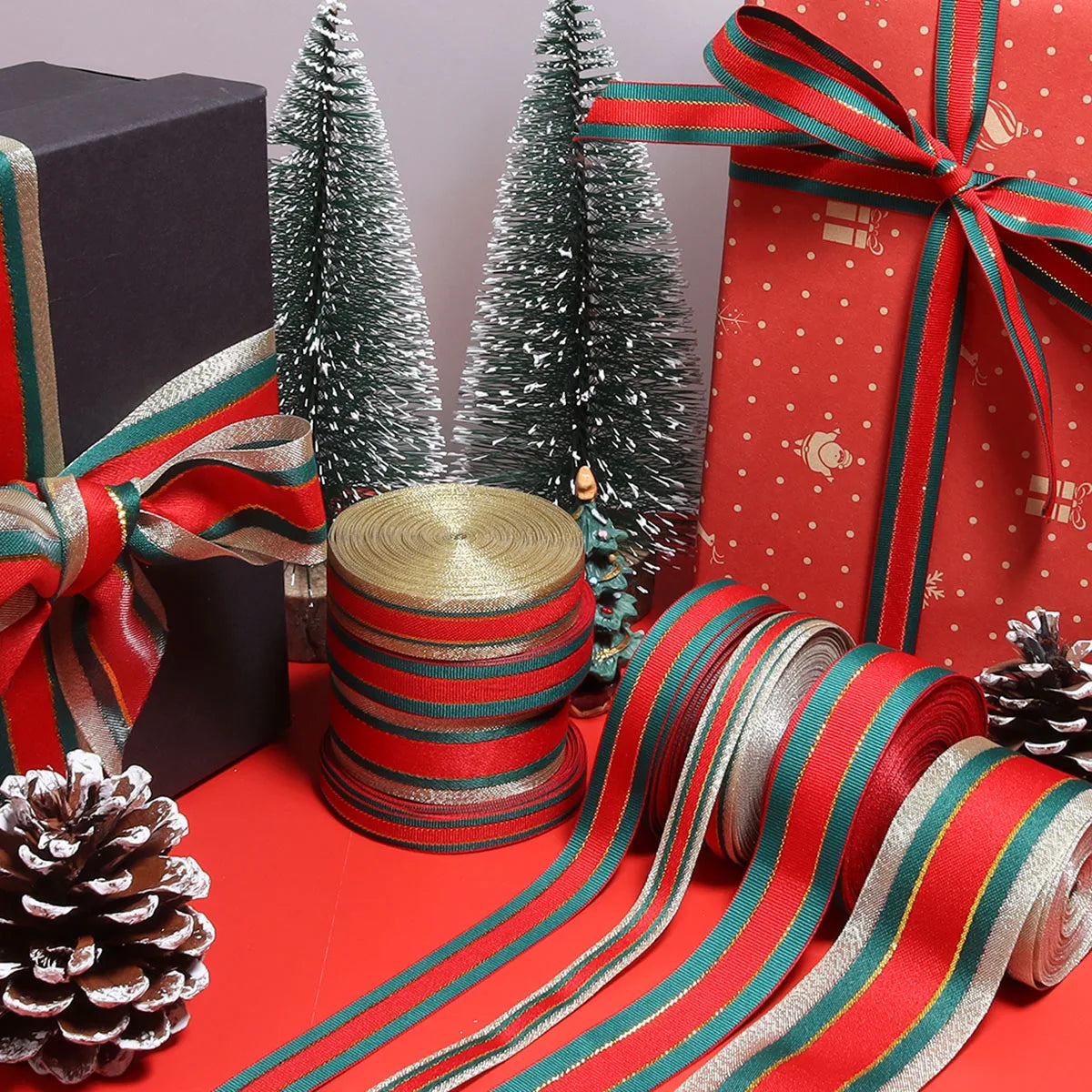 Red Green Stripe Christmas Ribbon 5-10 Yards | DIY Gift Wrap Craft Ribbon PLUSH