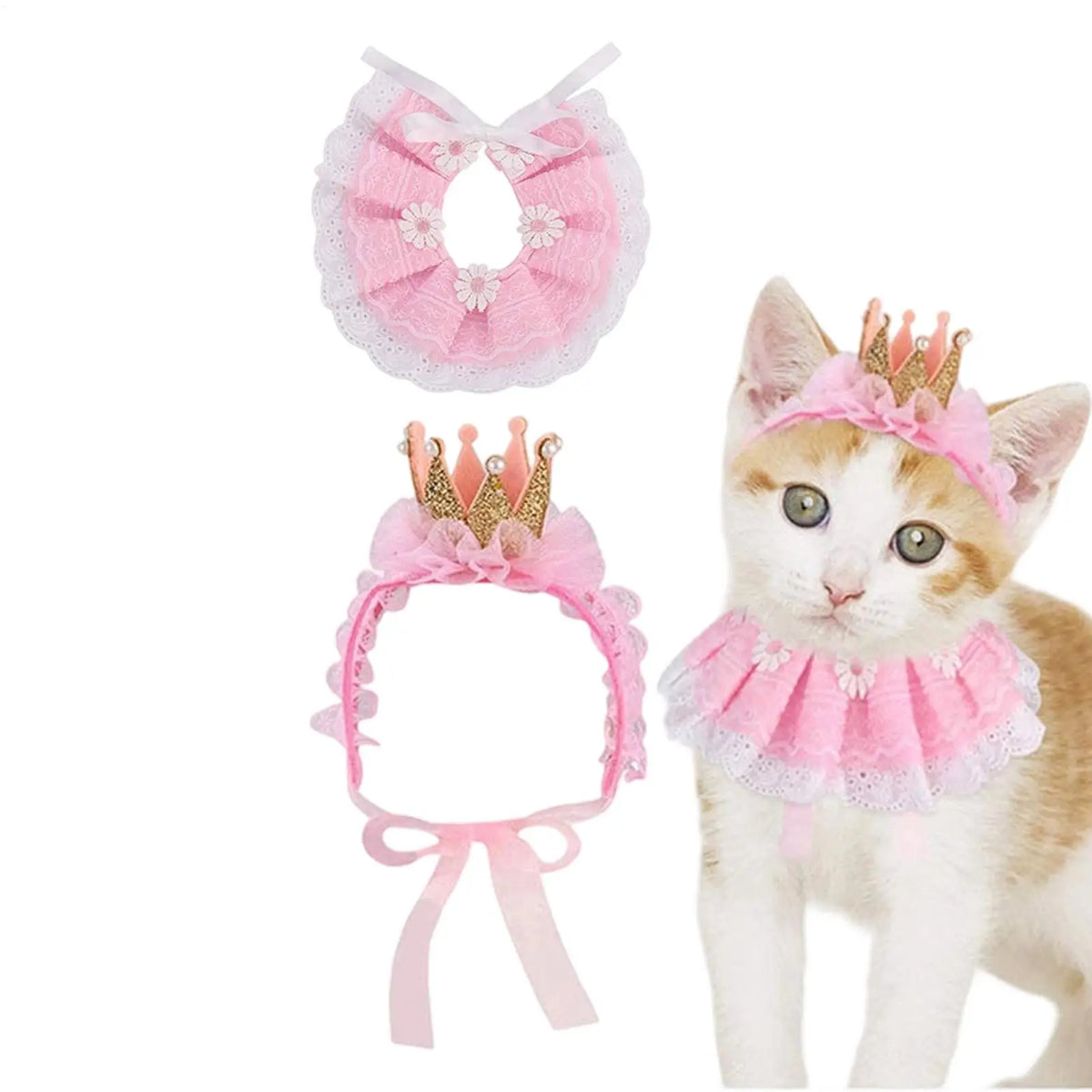 Pink Lace Crown & Scarf Pet Costume for Cats & Small Dogs Pet Costume Set PLUSH
