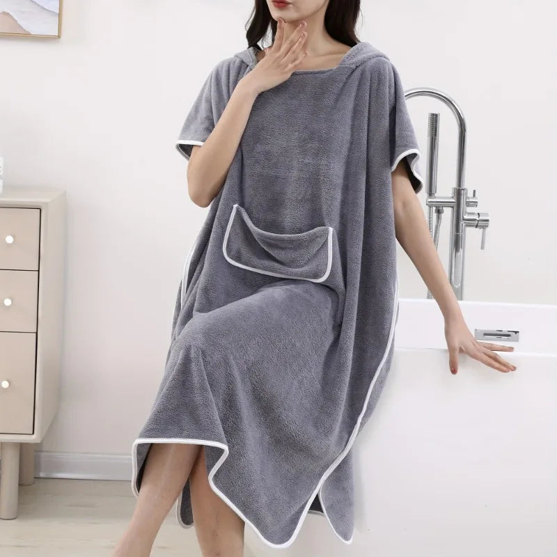 Women's Hooded Coral Fleece Bathrobe – Soft Absorbent Spa Robe Hooded Bathrobe PLUSH