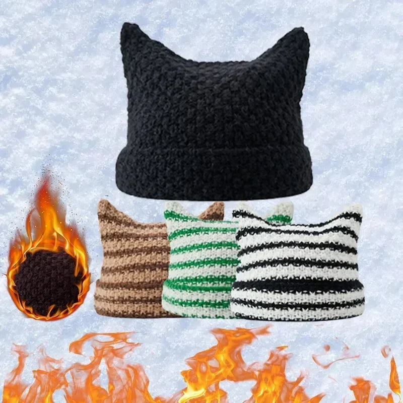 Cute Cat Ears Striped Knit Beanie – Warm Winter Hat Knit Beanie Hat PLUSH