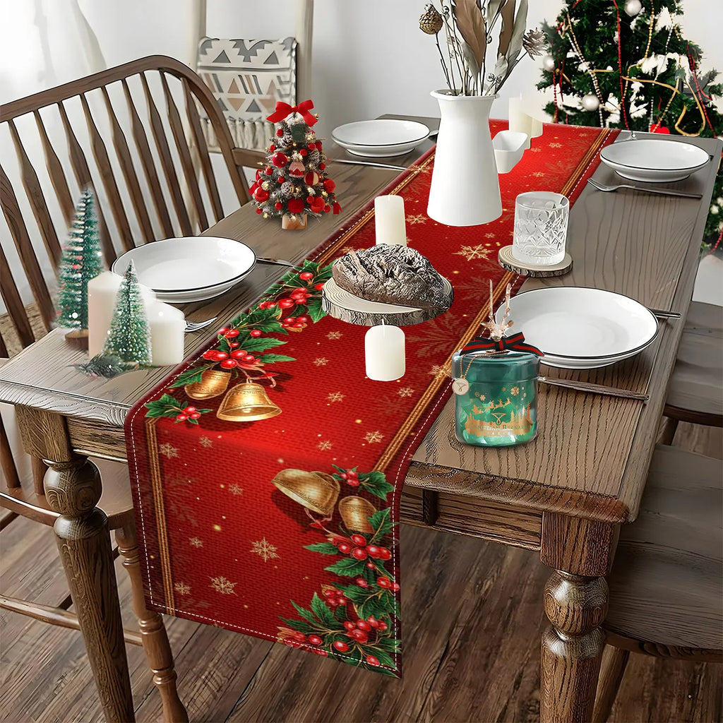 Red Christmas Table Runner – Snowflake, Bell & Berry Print Holiday Table Runner PLUSH