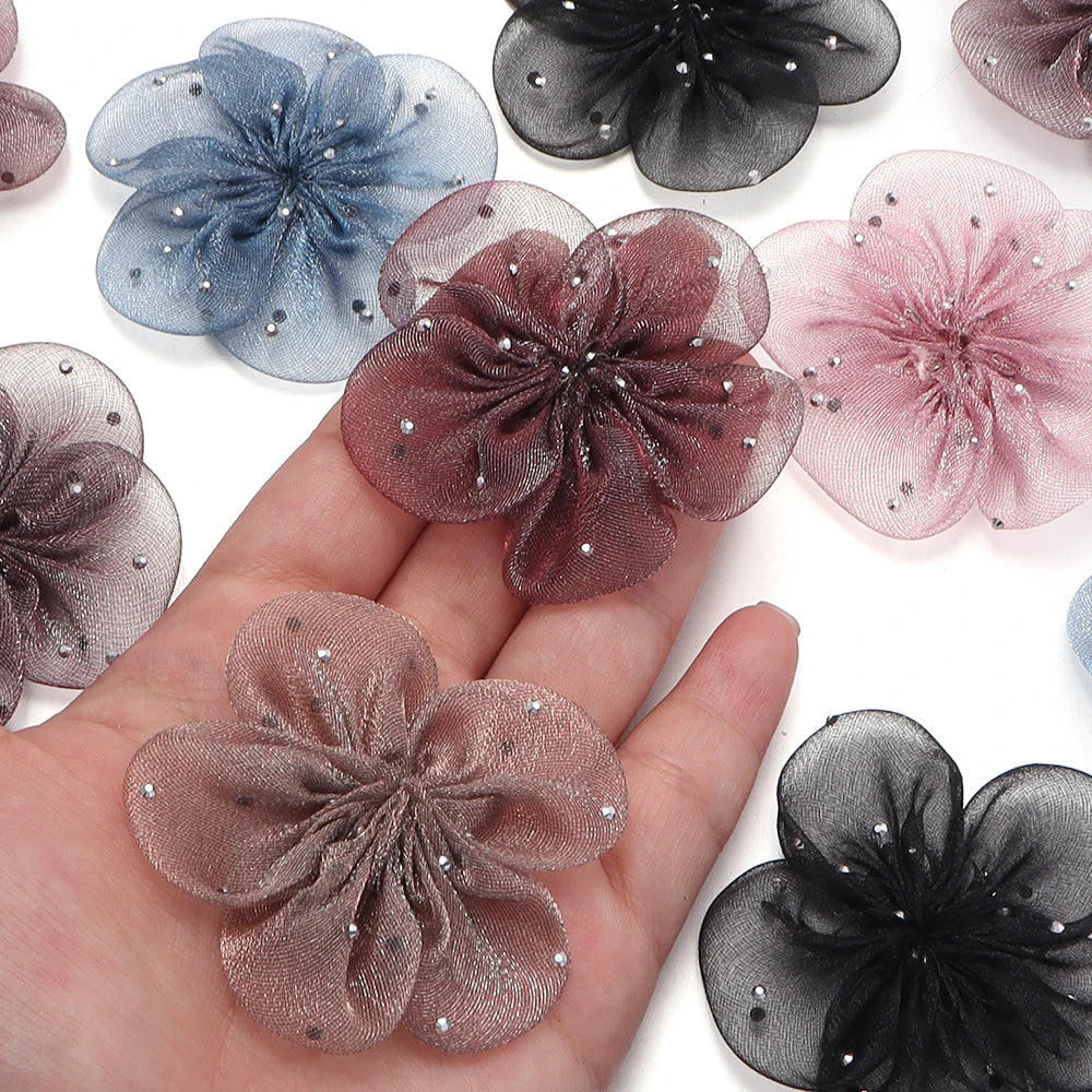 5pcs Organza Flower Appliques 5.5cm – DIY Crafts & Hair Decor Fabric Flower Appliques PLUSH