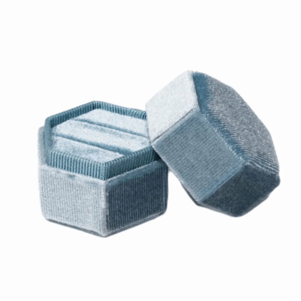 Velvet Hexagon Ring Box – Double Slot Jewelry Display Case Ring Display Box PLUSH Blue