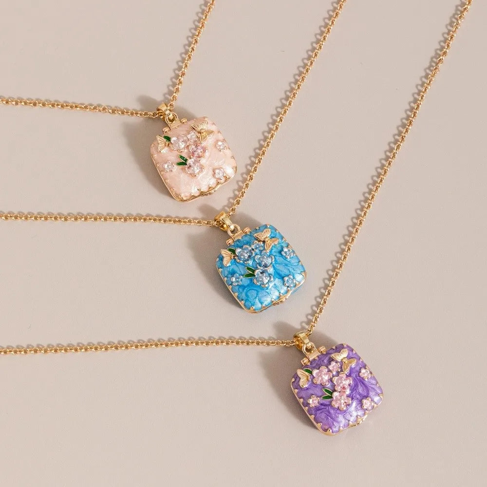 Vintage Square Locket Necklace – Enamel Floral Butterfly Pendant Locket Pendant Necklace PLUSH