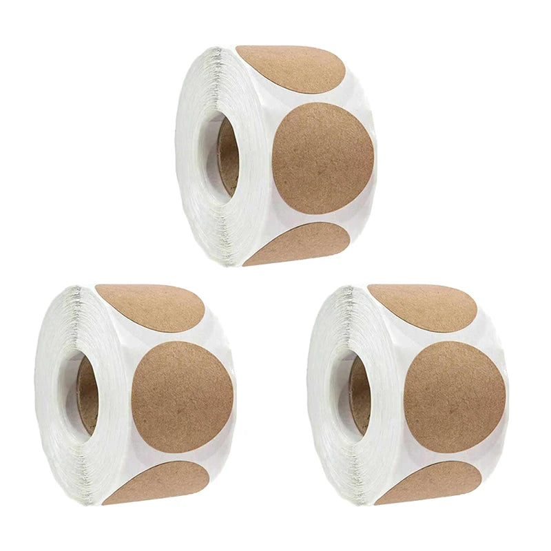 500pcs Kraft Round Stickers – Self-Adhesive DIY Label Roll Kraft Paper Stickers PLUSH 3 Rolls