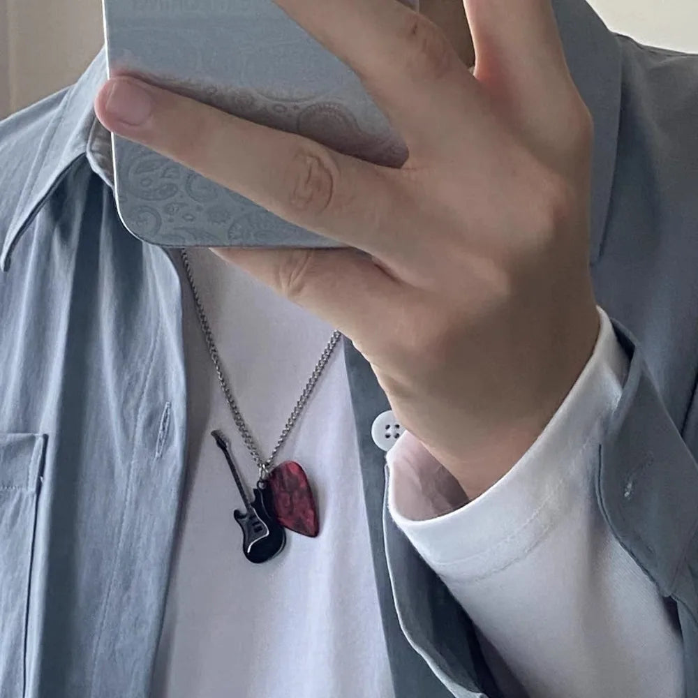 Hip-Hop Guitar Pick Pendant Necklace | Punk Titanium Steel Pendant Chain Necklace PLUSH