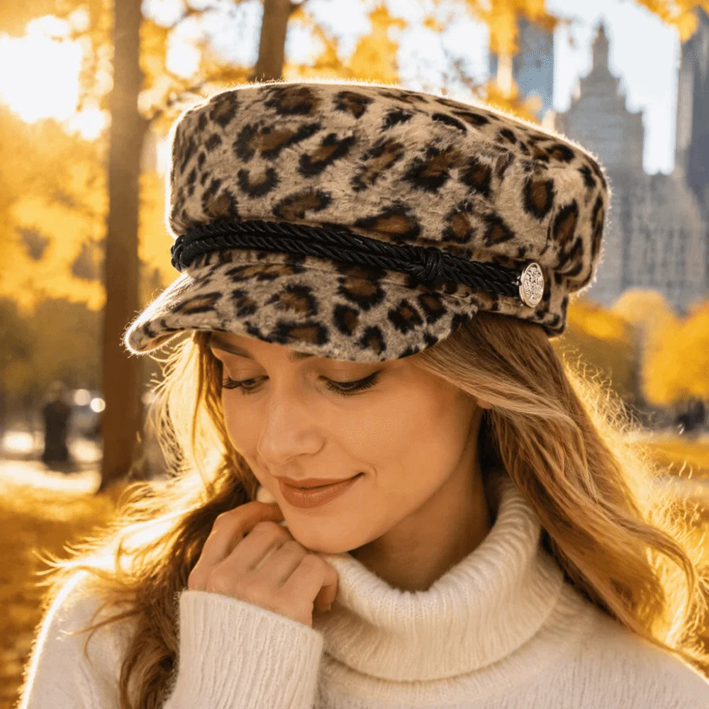 Vintage Newsboy Beret Hat – Leopard Print Flat Top Cap Newsboy Beret Hat PLUSH