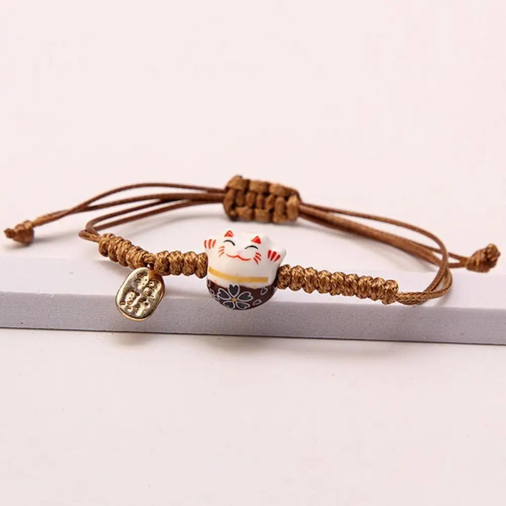 Ceramic Maneki Neko Charm Bracelet – Red Braided Rope Charm Bracelet PLUSH Coffee