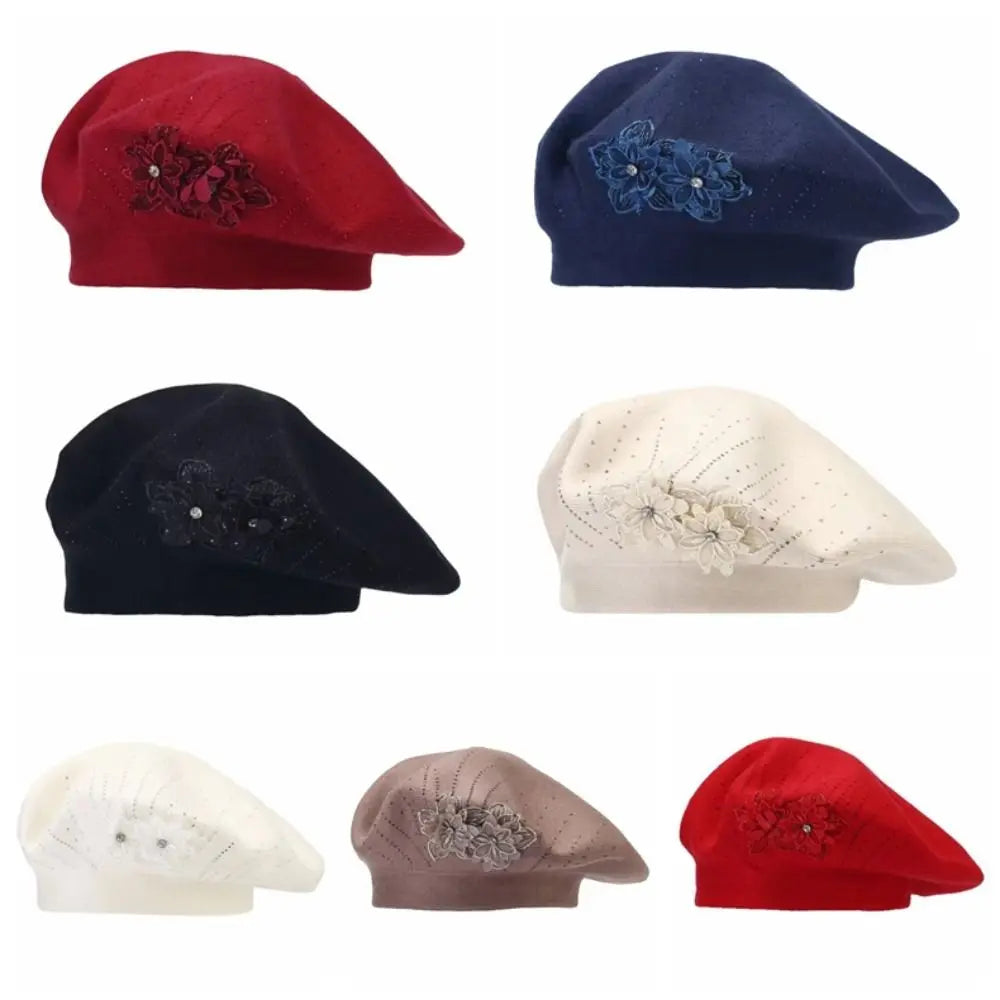 Women's French Beret Hat – Rhinestone Flower Cotton Cap Women's Beret Hat PLUSH