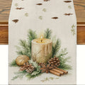 Christmas Candlestick Table Runner – Pine & Candle Print Holiday Table Runner PLUSH A 33X90Cm