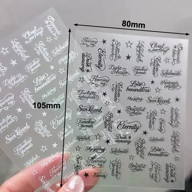 3D Angel Wings Nail Stickers – Black & White Letter Decals Nail Art Stickers PLUSH