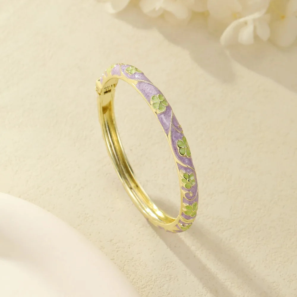 Cloisonné Enamel Floral Bangle – Vintage Ethnic Bracelet Enamel Bangle PLUSH purple and green