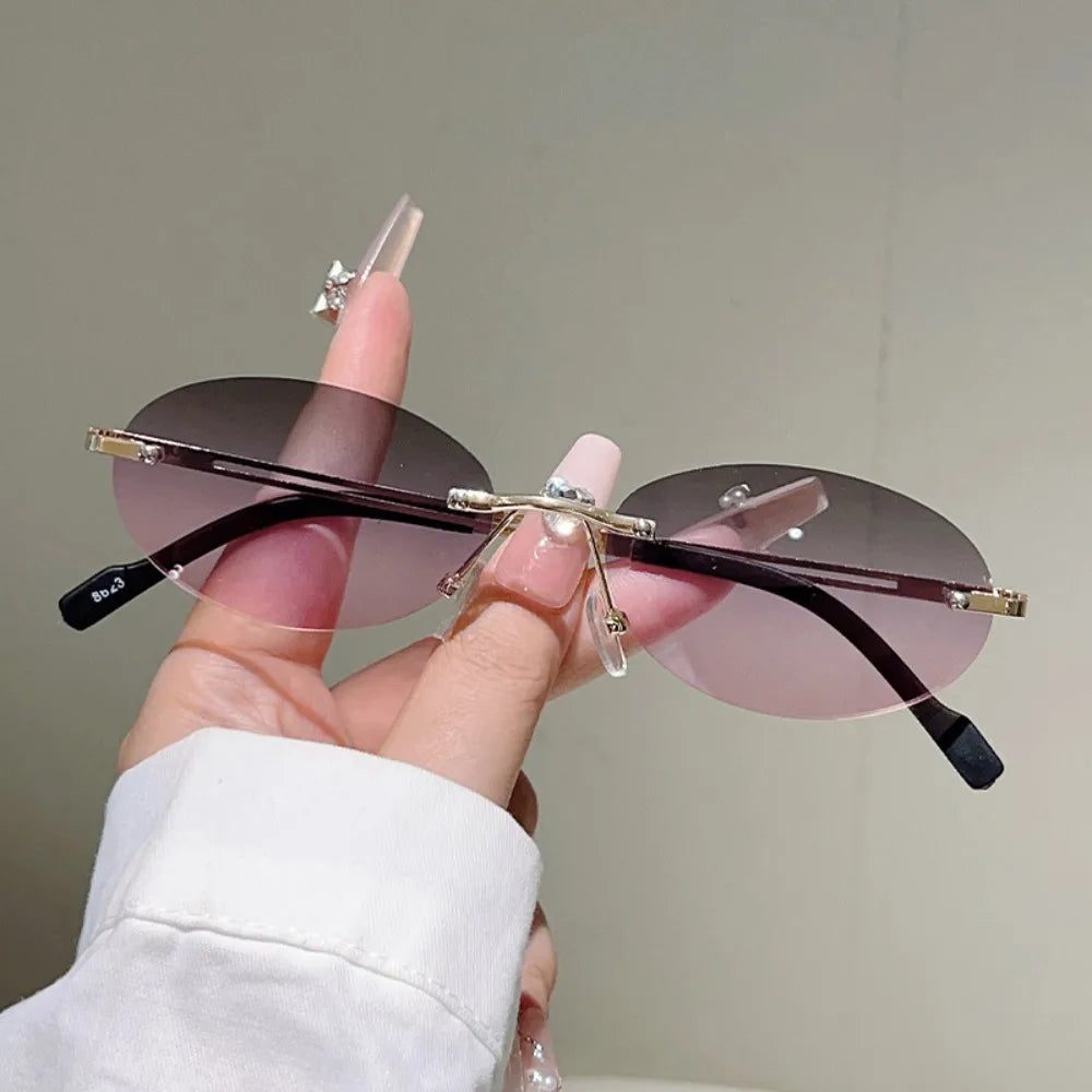 Vintage Rimless Oval Sunglasses – Retro Gradient Fashion Shades Oval Sunglasses PLUSH Style 4 WHITE