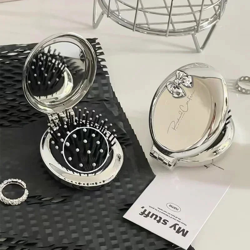 Silver Folding Pocket Comb with Mirror – Scalp Massage Tool Folding Pocket Comb PLUSH