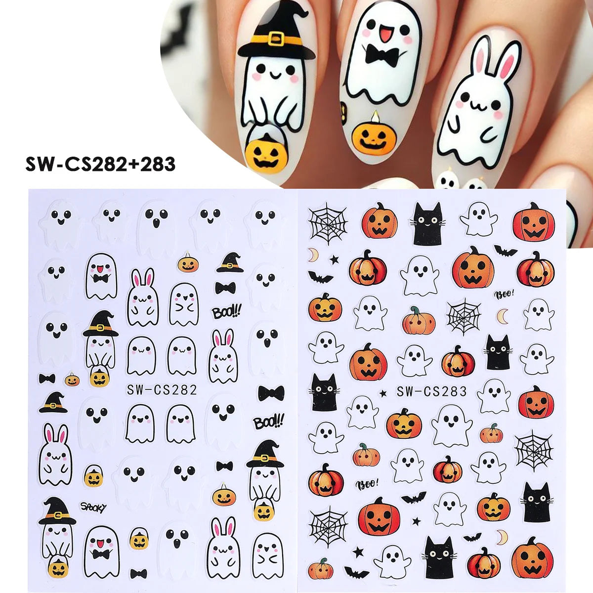 Halloween Nail Decals – Ghosts, Pumpkins & Kawaii Stickers 2pc Nail Art Stickers PLUSH SW-CS282 283