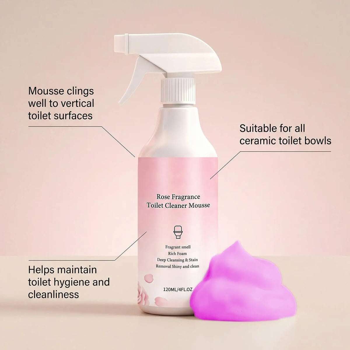 120ml Foaming Toilet Cleaner Mousse – Limescale & Odor Spray Bathroom Cleaner Spray PLUSH
