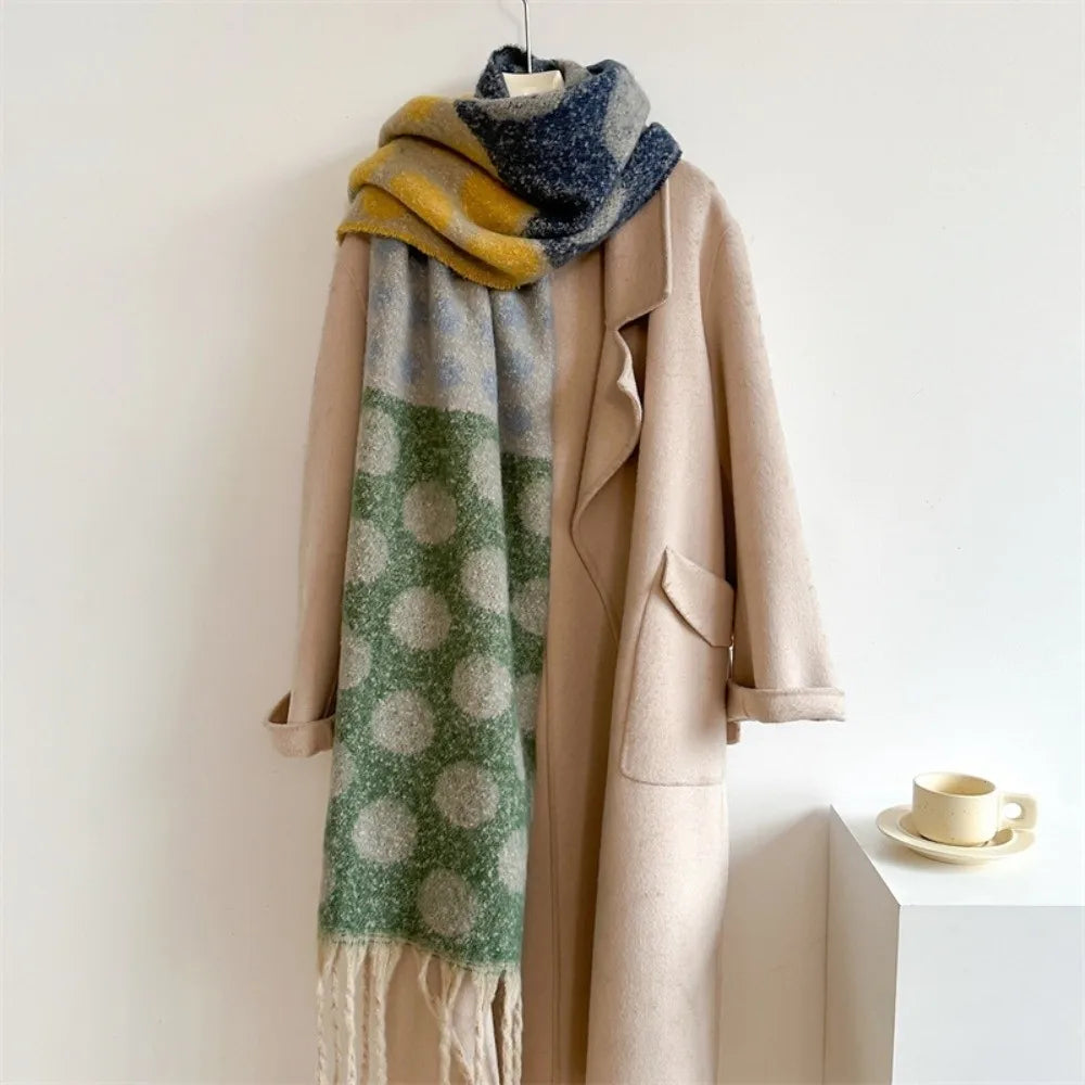 Vintage Polka Dot Faux Cashmere Scarf – Tassel Wrap Shawl Scarf & Wrap Shawl PLUSH Green